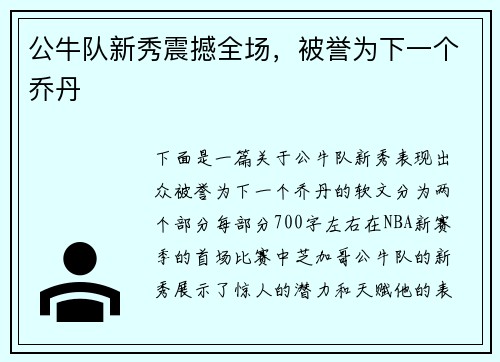 公牛队新秀震撼全场，被誉为下一个乔丹